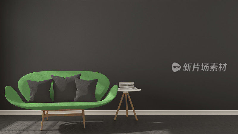 斯堪的纳维亚简约的深色背景，搭配绿色沙发人字形天然拼花地板，室内设计