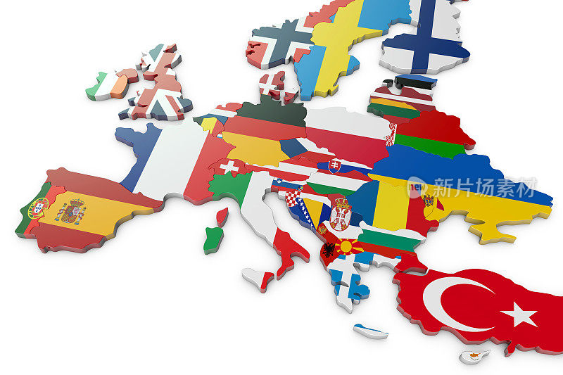 欧洲地图与国家国旗