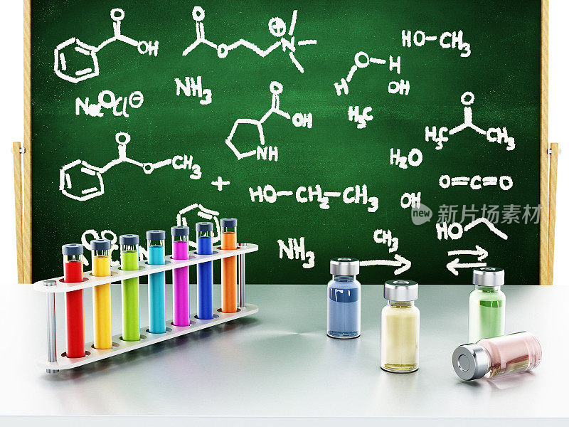 实验用试管和化学药品放在桌面上。以化学公式为背景的黑板