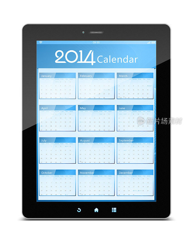2014年的日历上的数字平板孤立在白色的背景