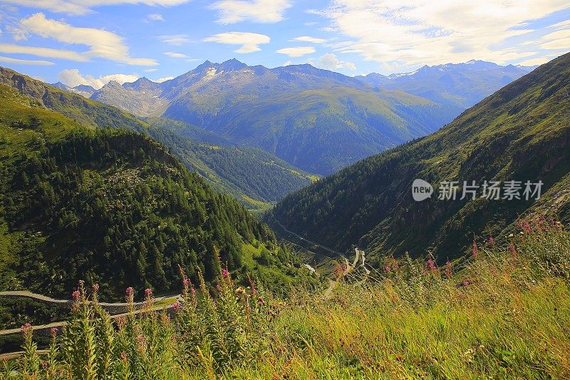 田园诗般的高山景观，从格里姆塞尔隘口，公路穿越瑞士阿尔卑斯山