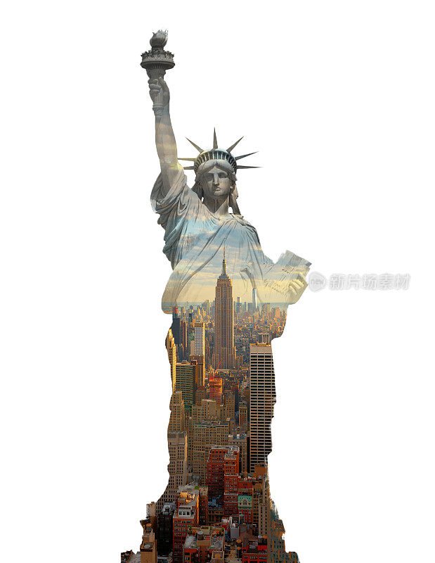 美国自由女神像和纽约双重曝光