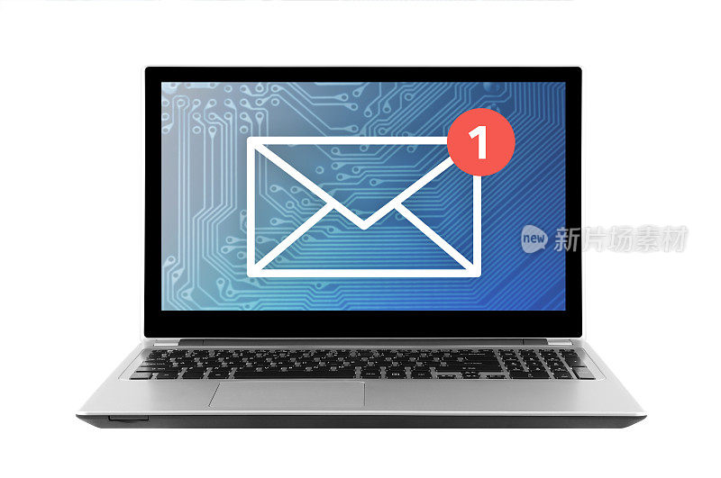 新的电子邮件图形在笔记本电脑上隔离在白色背景