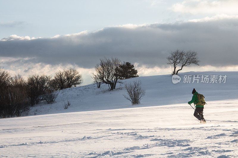 在清晨的阳光下在雪地上行走