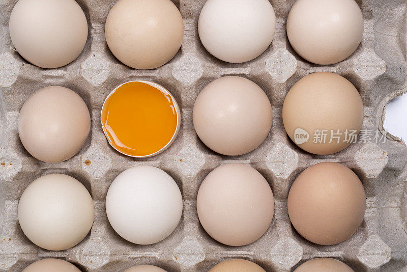 鸡蛋和蛋黄，俯视图。
