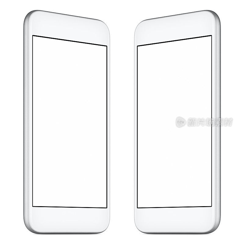 白色智能手机模型轻微旋转两边的空白屏幕隔离在白色背景