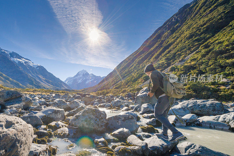 年轻的旅行者在库克法默斯山的目的地在新西兰拍照