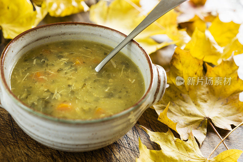 一碗秋叶包围的鸡肉蔬菜汤。