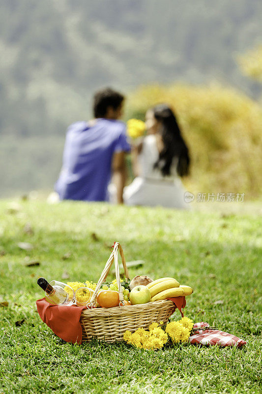 轻松和热爱拉丁幸福夫妇享受野餐在公园
