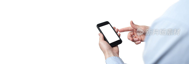 特写手触摸智能手机屏幕隔离上的白色，模拟手机手机空白屏幕轻松调整与剪切路径。副本的空间。为你的文本留出空间
