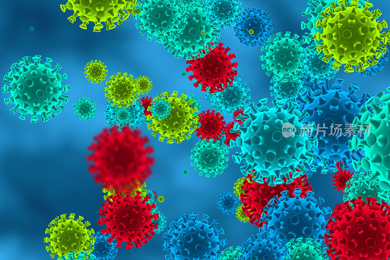 在宿主中引起感染的致病病毒的三维插图，病毒疾病的爆发，病毒抽象背景