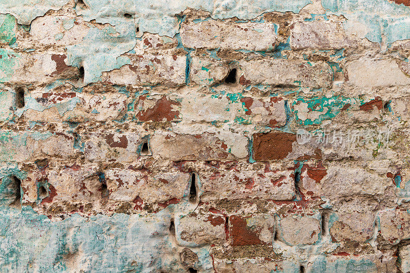 城市背景垃圾墙纹理-旧砖和油漆裂缝墙纹理
