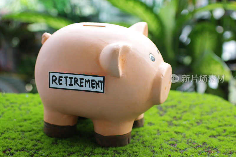 图像的小猪银行与插槽顶部与退休标签，家庭财务和储蓄的概念