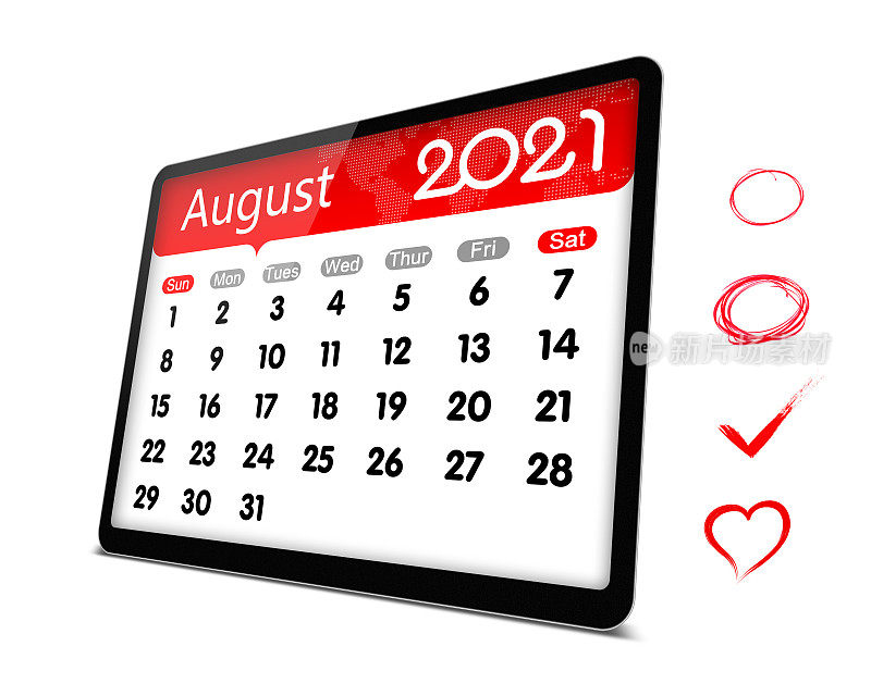 (剪辑路径)8月2021年数字平板电脑孤立日历