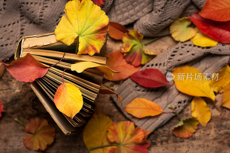 秋天的木桌上放着一本旧书和一件针织毛衣