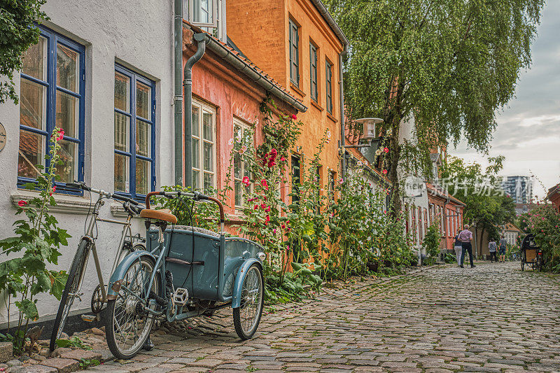 在一条舒适的鹅卵石街道上，一辆典型的丹麦货运自行车，被称为克里斯蒂亚自行车，停在一所房子的入口处。奥尔胡斯