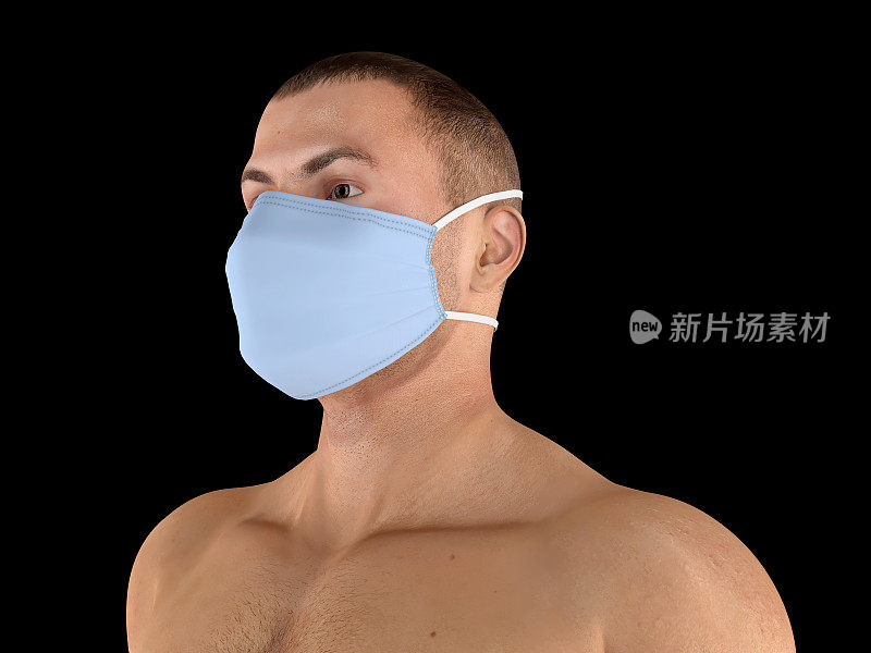 一个男人戴着蓝色和白色医用口罩的3D插图，孤立在黑色背景上
