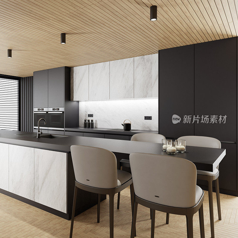 橡木和黑色现代简约公寓内部。客厅配有现代厨房，配有长岛式凳子。