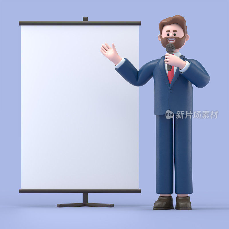 三维插图微笑商人鲍勃与空白板作为介绍信息，指示或广告，产品挂图模型。