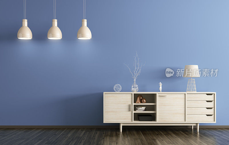 现代室内客厅与木制梳妆台3d渲染