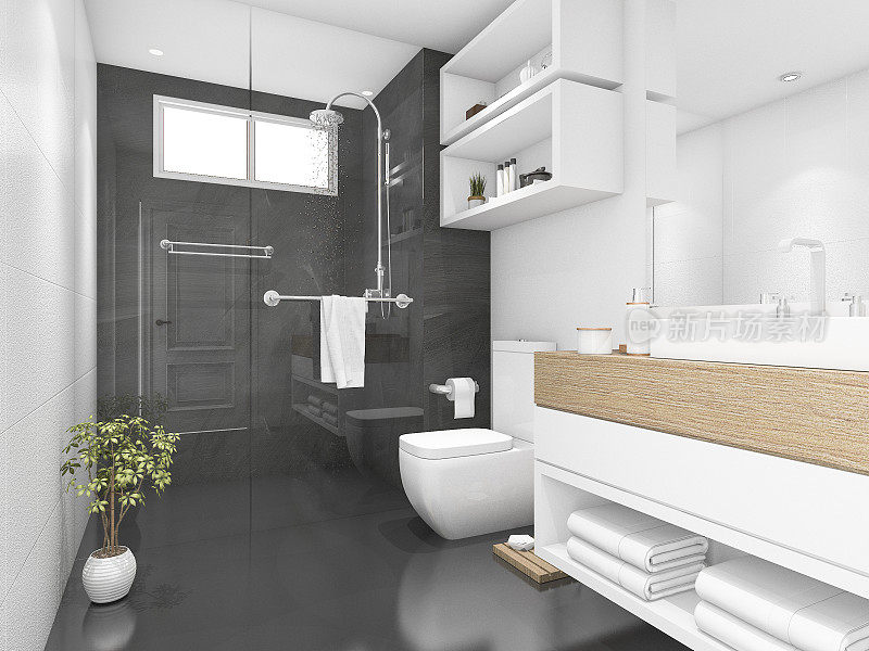 3d渲染黑色浴室与淋浴和厕所