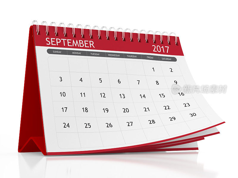 2017年9月白色背景上的红色塑料桌面日历