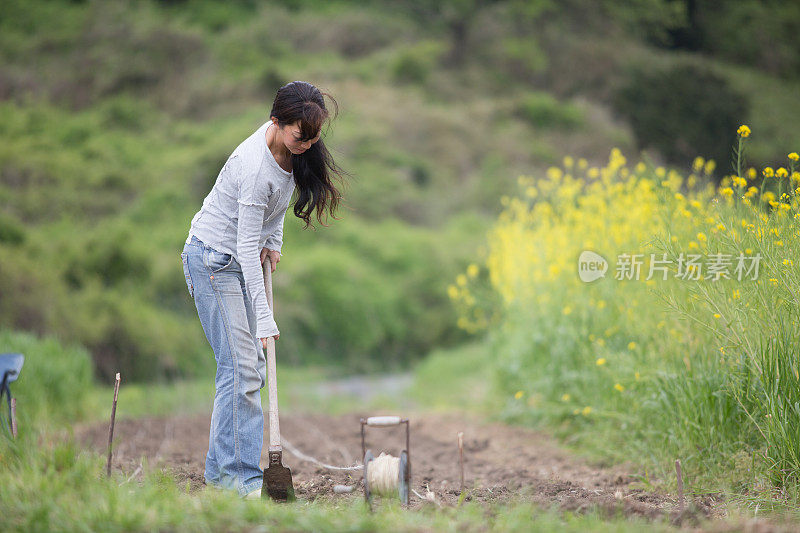 成熟的女性农民在她的有机农场工作