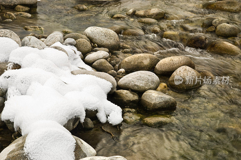 河中被雪覆盖的巨石