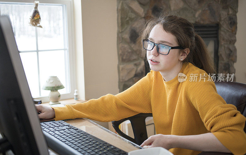 少女用台式电脑做作业