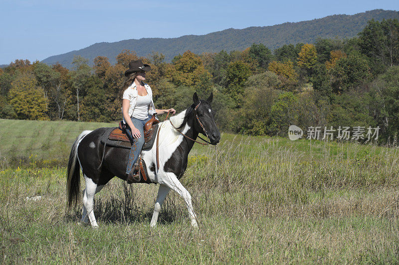 在阳光明媚的田野里骑马的女人，西式风格