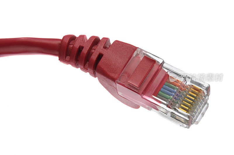 红色以太网Internet网络内部网插座插头电缆特写
