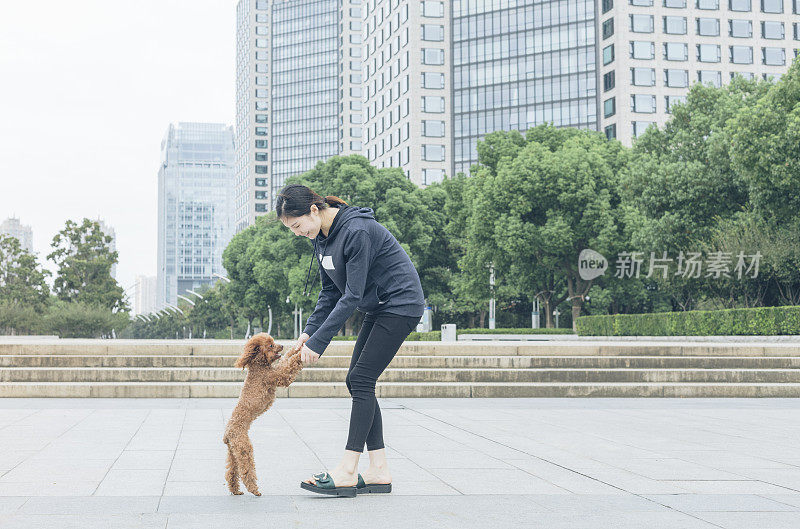 一个女人和她的小狗在城市广场上玩耍