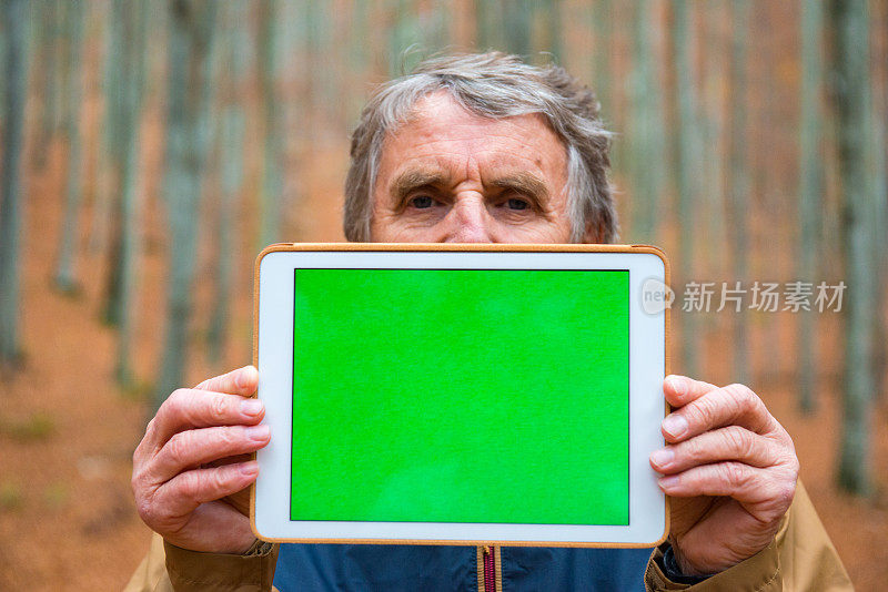 高级男子持有数字平板电脑与绿色屏幕和部分隐藏他的脸，秋天山毛榉森林，欧洲