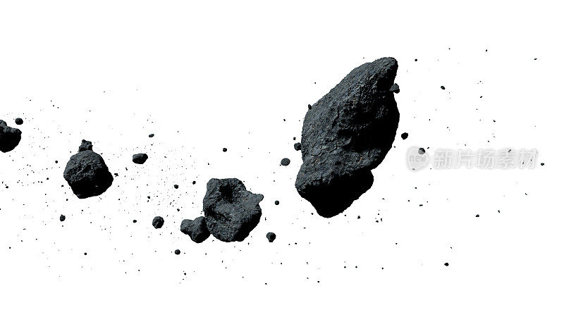 一群孤立的小行星在白色背景(3d插图)