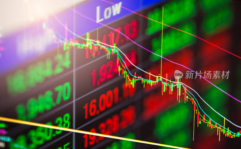 股票市场财务指标分析的指数图LED。摘要股票市场数据交易概念。股票市场金融数据交易图形背景。全球金融图分析概念。