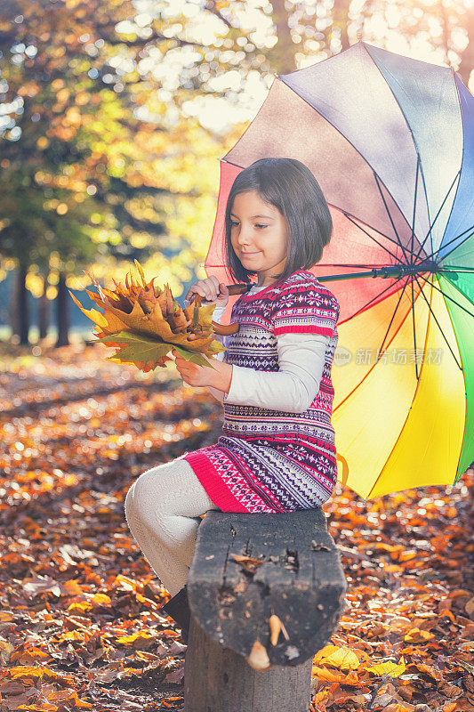 美丽的小女孩在秋天的森林里玩