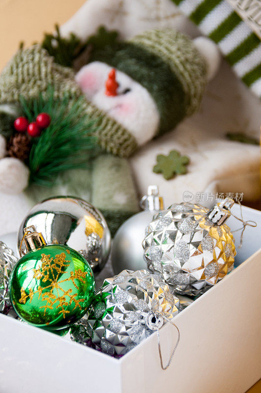 盒子里的圣诞球和一个玩具雪人