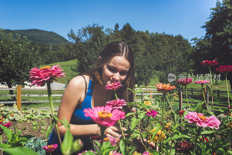 年轻女子闻花香