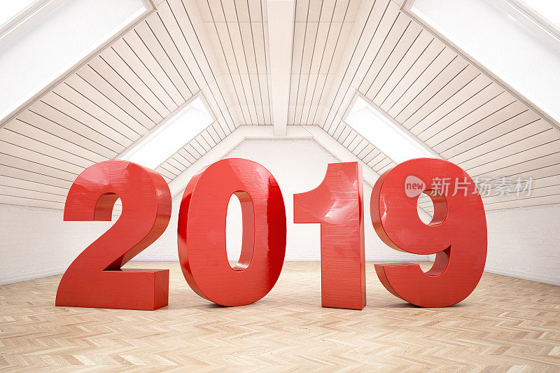 2019年，空阁楼上的文字。新年的概念