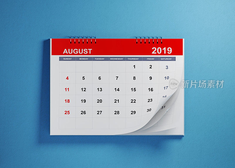 2019年8月蓝色背景日历