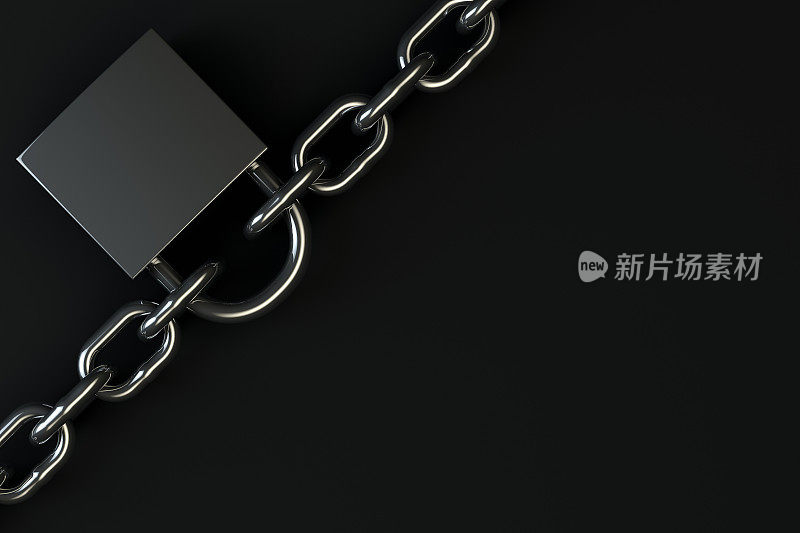 挂锁和链条上的黑色背景，计算机安全，区块链概念