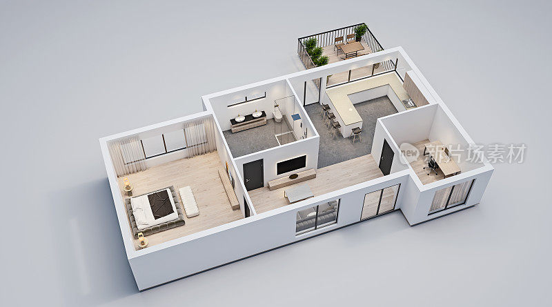 现代室内设计，白色墙壁的隔离平面图，公寓，房子，家具的蓝图，等距，透视视图，3d渲染