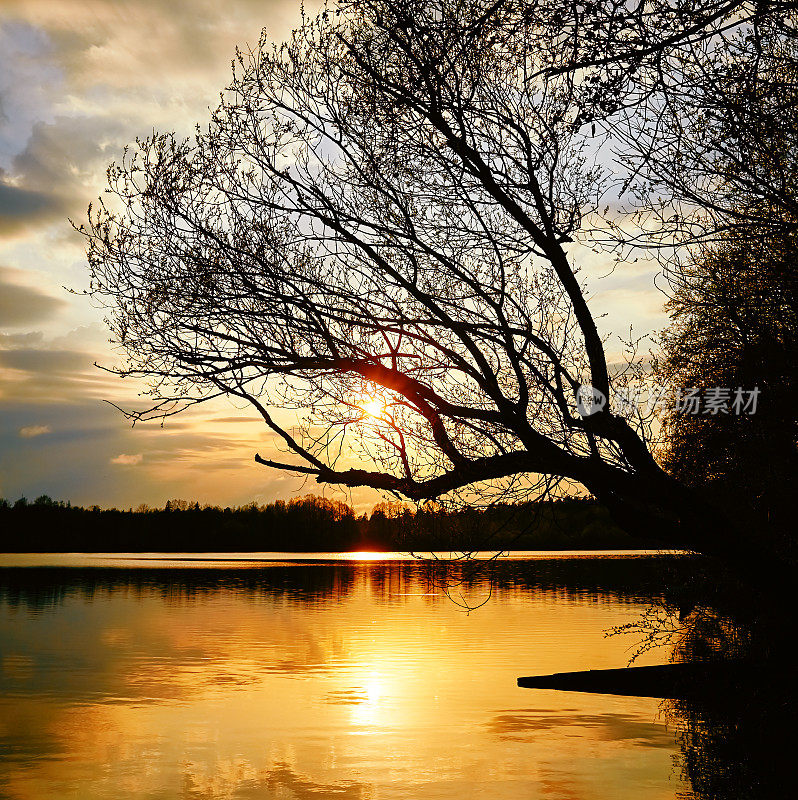 橙色美丽的夕阳在湖面上，太阳和阳光的倒影