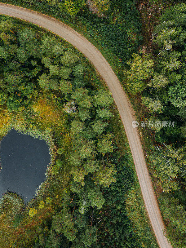 森林，树木，湖泊和道路的自然景观在瑞典无人机图像