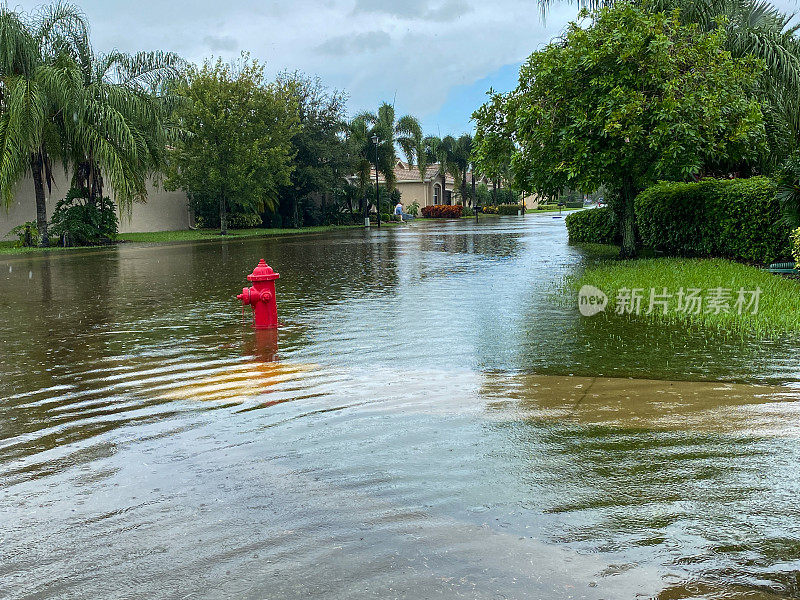 被洪水淹没的郊区街道