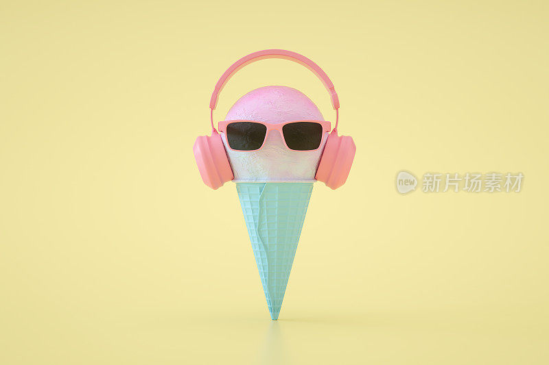 带耳机的甜筒冰淇淋，简约超现实的夏季概念，3D抽象背景