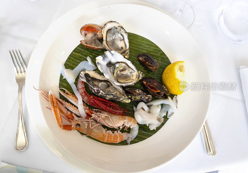 餐厅白色餐桌上的一盘生海鲜(大虾、虾、牡蛎、扇贝、贻贝、鱿鱼)