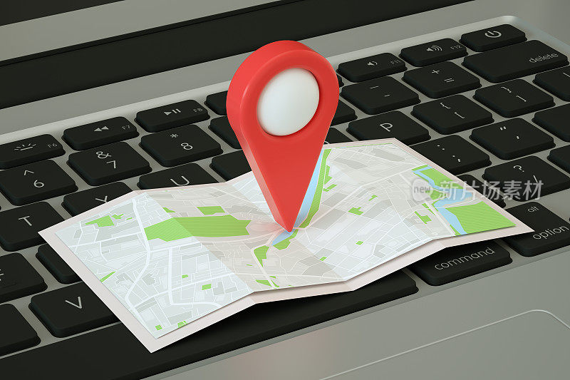 3D导航地图指针，笔记本电脑上的标记针，旅游目的地