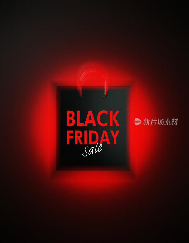 黑色星期五购物概念:发光的黑色星期五销售写在黑色背景购物袋