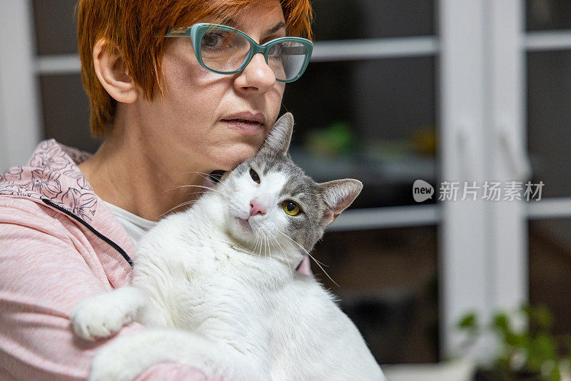 高加索妇女抚摸着她的猫